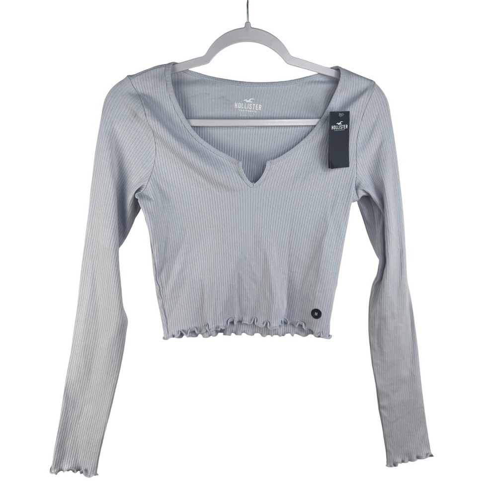 Hollister Long Sleeve Ribbed Baby Tee Light Blue Notch Neck Lettuce Edge Medium